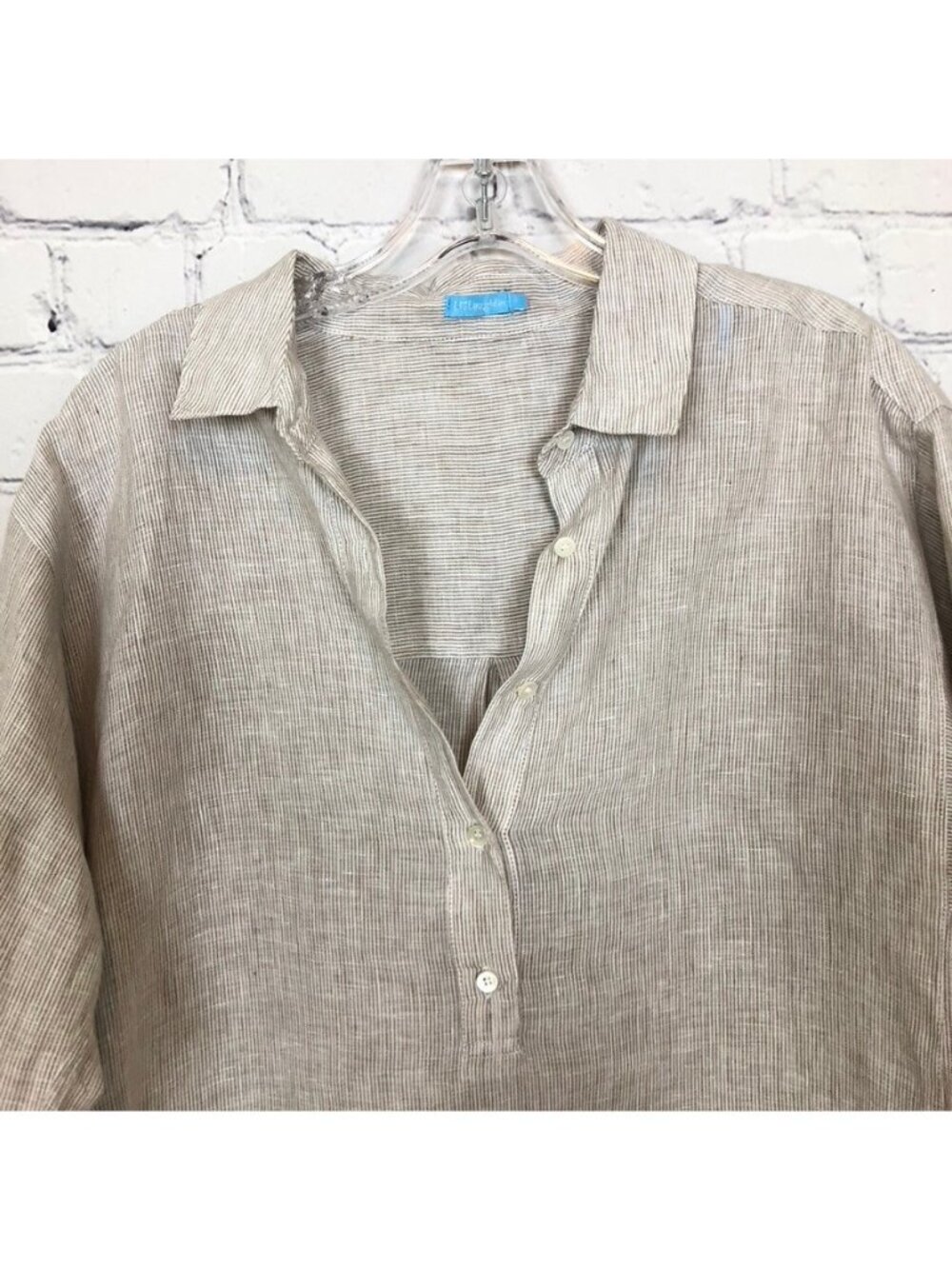 J McLaughlin 100% Linen Popover Tunic Size L Oversized Brown White Stripe - Picture 2 of 7